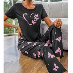 Comfortable And Fashionable Heart Butterfly Printed Set Women’s Nightwear