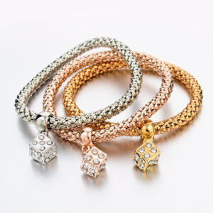 3-Piece Premium Mesh Chain Bracelet Set with Dice Charm– Gold, Silver & Rose Gold